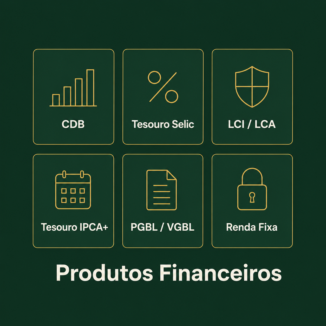 Produtos financeiros: CDB, Tesouro Selic, LCI, LCA, Tesouro IPCA+, PGBL, VGBL e renda fixa