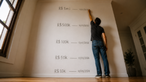 Quanto ter investido por idade: pessoa marcando metas patrimoniais na parede de R$10k a R$1 milhão com datas projetadas