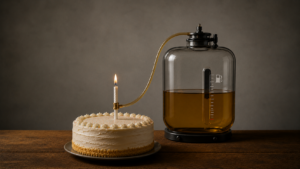 Saque aniversário ou saque rescisão do FGTS: bolo de aniversário conectado a um reservatório de combustível, representando a retirada anual do fundo