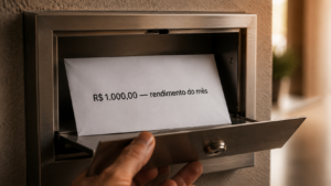 Quanto investir para receber R$1.000 por mês: mão retirando envelope com R$1.000,00 de rendimento mensal de caixa de correio
