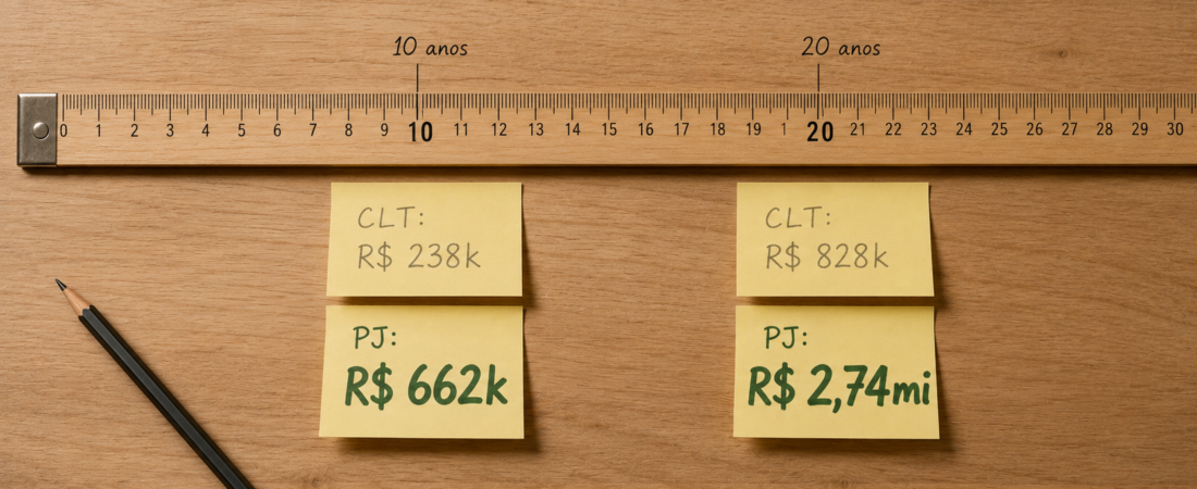CLT ou PJ: quanto vale a diferença em patrimônio depois de 10 e 20 anos investindo?