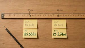CLT ou PJ: simulação de patrimônio acumulado mostrando R$238k vs R$662k em 10 anos e R$828k vs R$2,74mi em 20 anos