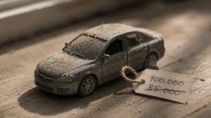 Vale a pena esperar a Selic cair para financiar um carro: carro empoeirado com etiqueta de preço subindo de R$85.000 para R$100.000
