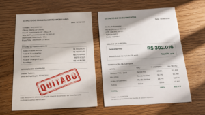 Amortizar financiamento ou investir: extrato de financiamento quitado ao lado de extrato de investimentos com R$302.016 em 30 anos
