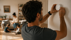 Seguro de vida ou investir a diferença: pai de família instalando dispositivo de segurança em casa com esposa e filhos ao fundo